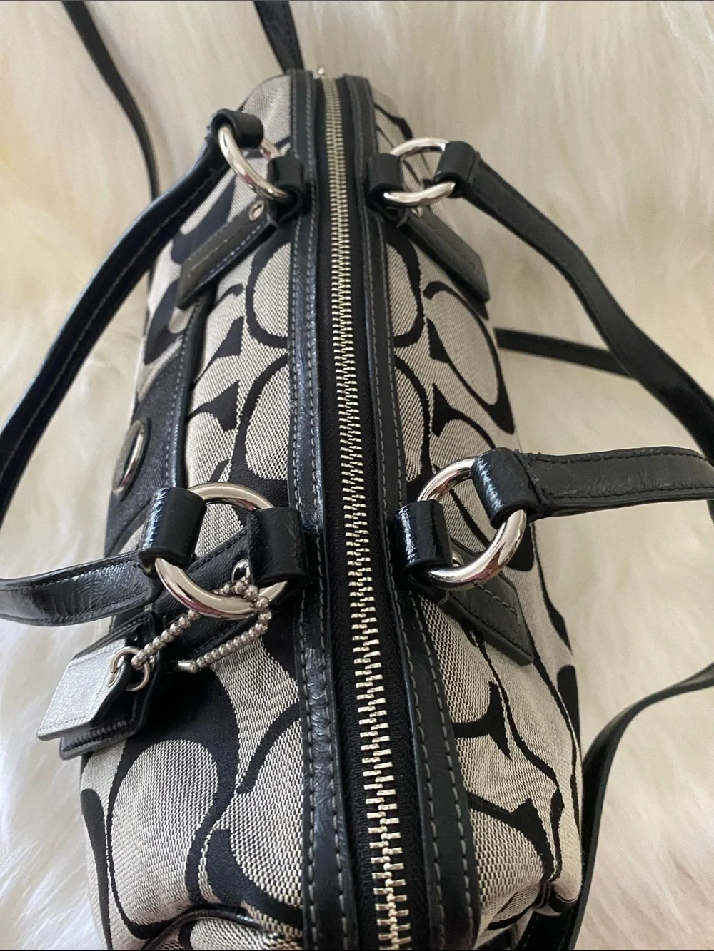 COACH Signature Jacquard Stripe Satchel in Black/ Gray with Strap F24364 EUC